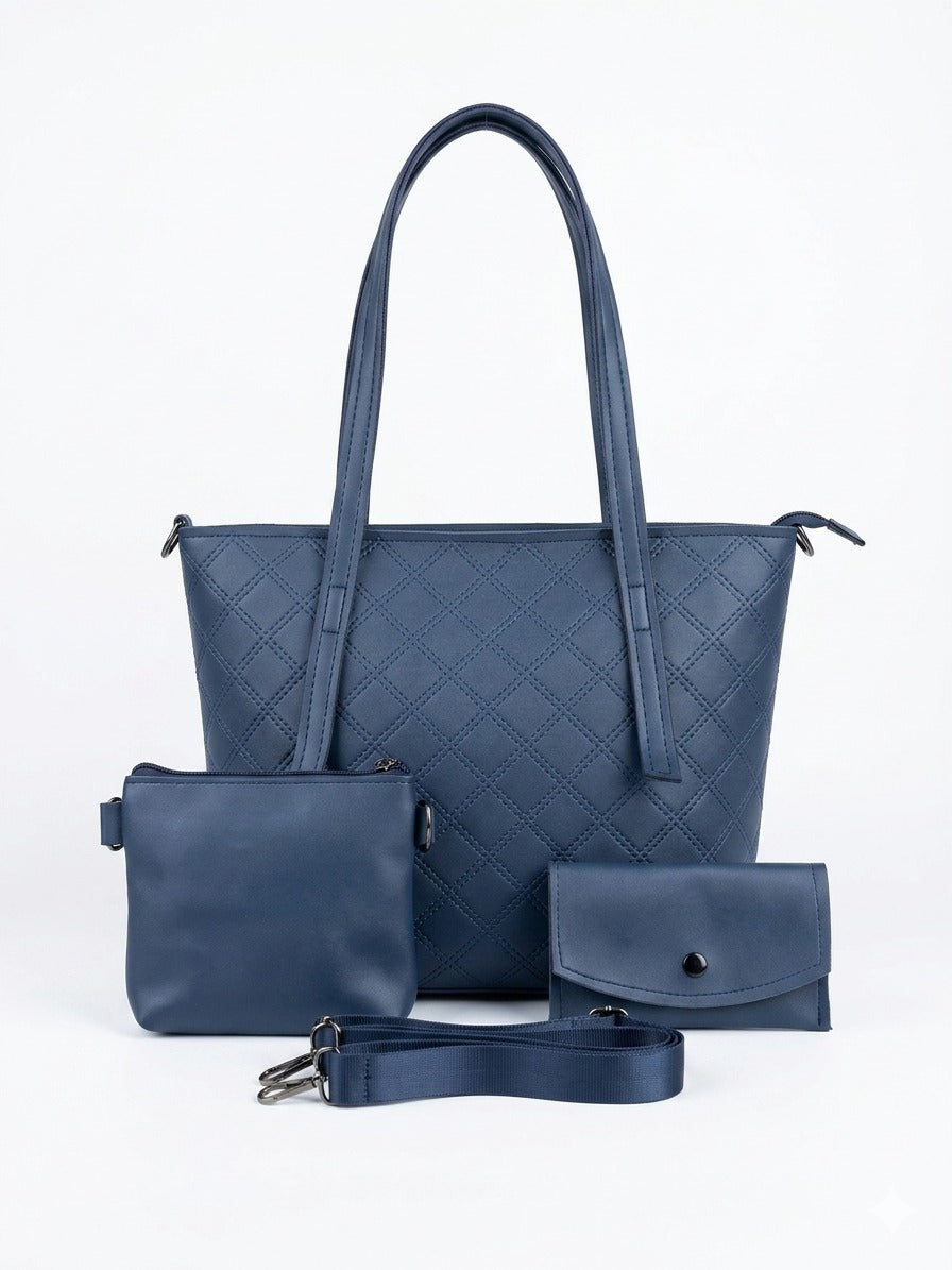 Blue Quilted Tote Bag – 3-Piece Set
