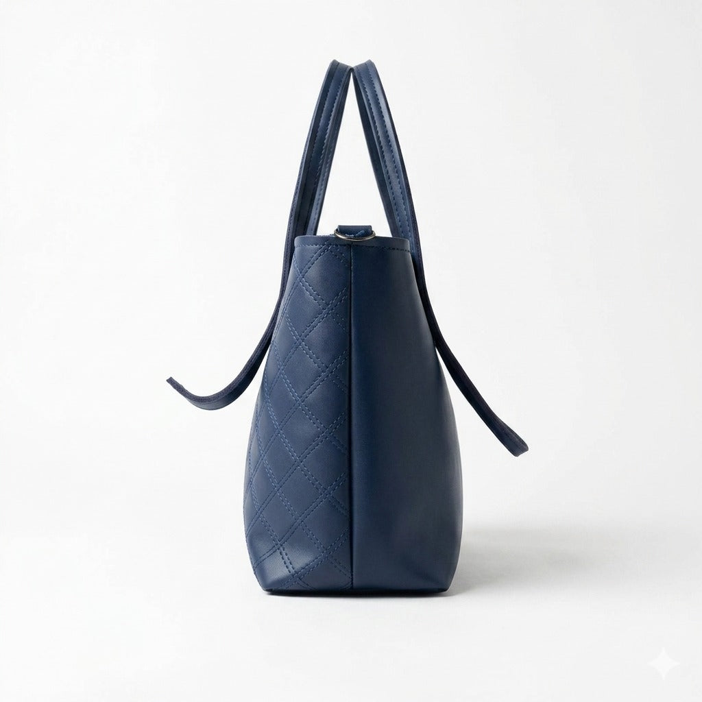 Blue Quilted Tote Bag – 3-Piece Set